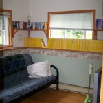 Main floor bedroom and lounge with futon and TV